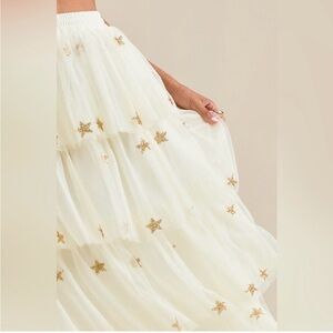 Altar'd State Fellyn Tiered Tulle Star Maxi Skirt Ivory w/ Gold Stars SIZE L